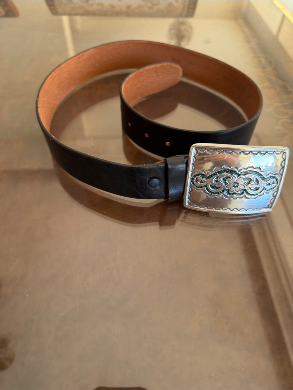 Women’s Black Leather Belt with Decorative Silver Buckle - Picture 3 of 7